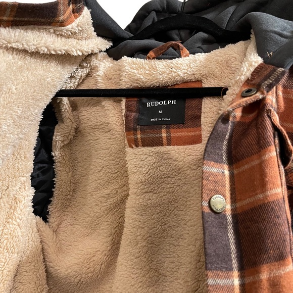 Men’s Rugged Outdoorsman Sherpa Lined Hooded Plaid Shirt Jacket Shacket Size M - Picture 5 of 7